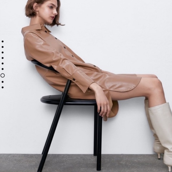 LIKE NEW ZARA Beige Brown Tan Faux Leather Shirt Dress Coat Buttoned Jacket - Picture 2 of 8